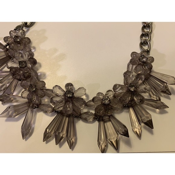 Flower Statement Necklace Smoky Acrylic Rhinestone Gunmetal Bold Floral - Picture 2 of 6